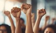 © simba kim - Close up of multiethnic people's hands raising fists in the air, Generative AI