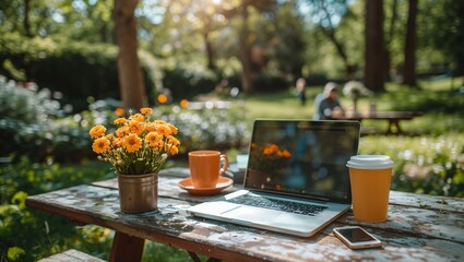 Freelancers outdoor workspace, laptop on a picnic table in a park, sunny day with trees and blue sky, nature-inspired productivity