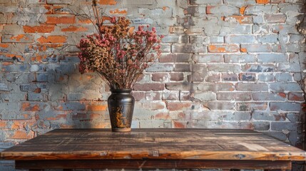 Wall Mural - Rustic brown wooden table against a brick wall, providing a background for still life compositions