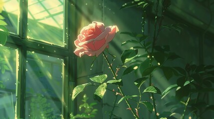 Wall Mural - AI generated illustration of a beautiful pink rose bathed in sunlight inside a greenhouse.