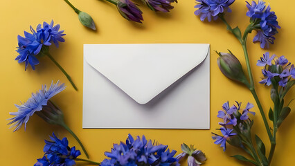 Wall Mural - White envelope lies on a yellow background around blue flowers for text for congratulations