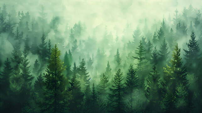 green watercolor pine forest on white background