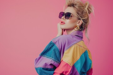 Beautiful blonde woman in sunglasses and 90s clothes on pink background