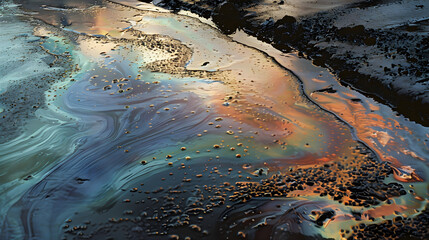 Gasoline oil spill on the pavement as a texture or background. Environmental pollution concept