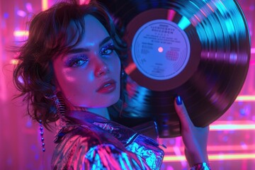 portrait of a disco woman holding a retro vinyl with eighties music and neon light