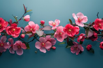 Wall Mural - A row of pink and red flowers against a blue backdrop; leaves and blooms adorn the sides