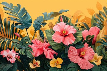 Wall Mural - A scene of pink and yellow blooms against a yellow backdrop, adorned with green foliage