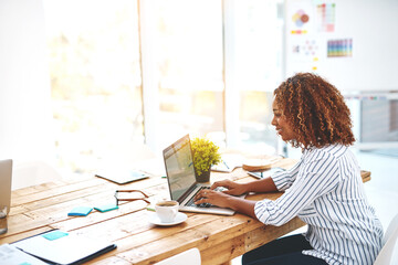 Poster - Woman, laptop and typing in office for social media post, communication or online news and email. Female person, technology and writing message for internet research, web browsing or networking
