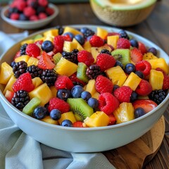 A close-up shot of a refreshing fruit salad with fresh berries, melon, and pineapple, perfect for a healthy and delicious summer treat