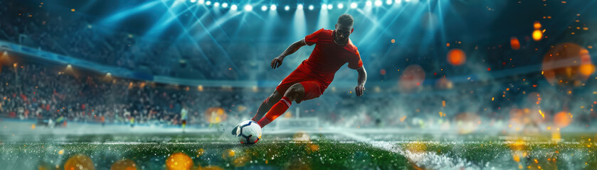 Wall Mural - A soccer player is running on a wet field