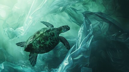 Wall Mural - Sea turtle trapped by a plastic bag under the sea, generative AI