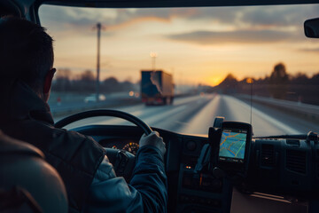 Truck driver navigating the highway at sunset, using a GPS for guidance, capturing the essence of travel, journey, and modern transportation technology.