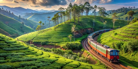 Scenic train winding through lush Sri Lankan tea gardens, showcasing the vibrant greenery of the rolling hills , Sri Lanka, train, tea garden, plantation, landscape, mountain view, Ceylon