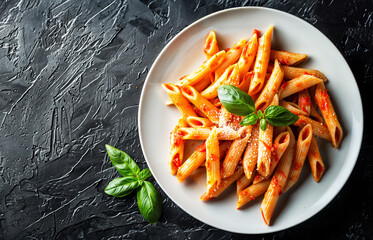 Wall Mural - top view of a white plate with penne alle vodka, penne pasta with a creamy pink tomato sauce, on a black textured background