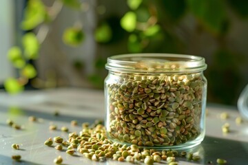 Wall Mural - Raw green buckwheat sprouted cereals, green buck wheat grains in jar, uncooked kasha sprouts heap