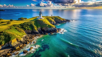 Scenic bay with lighthouse on hill, calm ocean waters, drone flyover view, aerial, scenic, bay, lighthouse, hill, calm, ocean, waters, coast, landmark, travel, promo, tourists, seaside