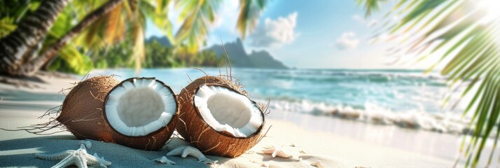 Idyllic tropical beach with fresh coconuts on white sand. Ultimate summer vacation refreshment.