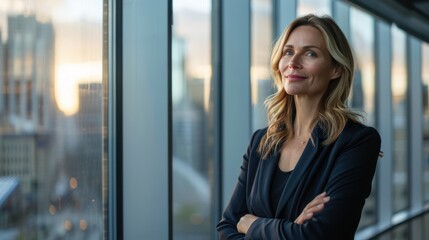 Wall Mural - Female CEO in a sleek office, standing by a large window with a thoughtful expression, cityscape visible in the background.