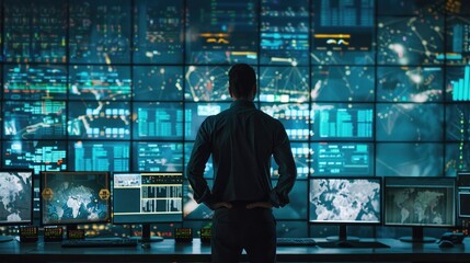 Wall Mural - Security Analyst in Front of Large Computer Workspace With Multiple Monitors Generative AI Photo