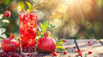Wall Mural - Refreshing pomegranate juice with fresh fruits on a wooden table, surrounded by a pomegranate plant for a vibrant touch.