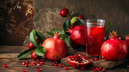 Wall Mural - Refreshing pomegranate juice with fresh fruits on a wooden table, surrounded by a pomegranate plant for a vibrant touch.