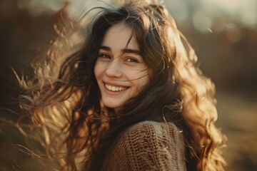 woman long wavy thick hair, dark brown hair, middle parted hair, brown eyes, hair strand between eyes, natural beauty, light brown skin, dimples, laughing