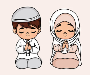 Wall Mural - Cute traditional praying Islamic children. Religious ethnic believer little girl and boy character. Vector illustration. Isolated color hand drawings with doodle style
