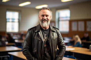 Wall Mural - Portrait of a happy man in his 50s sporting a classic leather jacket isolated on lively classroom background