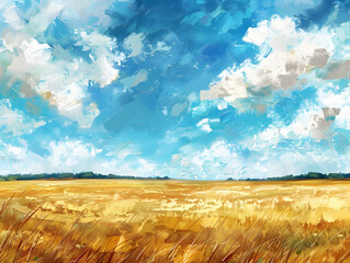 landscape with field and blue sky oil color painting. Generative AI.