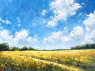 landscape with field and blue sky oil color painting. Generative AI.