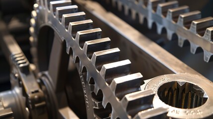 Canvas Print - Close-up of conveyor belt components, precision gears, mechanical, direct lighting. 