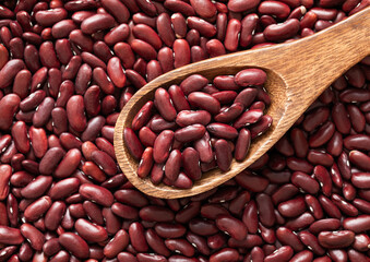 Wooden spoon with red raw organic healthy bean seeds.Macro.