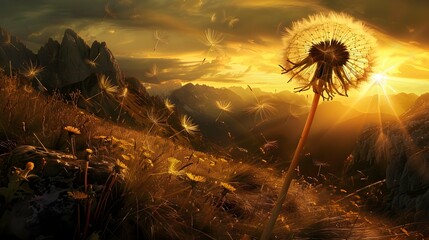 Canvas Print - Golden sunset and dandelion 