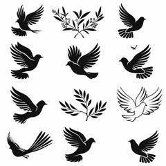 Wall Mural - Peace dove graffiti, pigeons, twigs ink illustration. Flying birds silhouettes monochrome flat icons