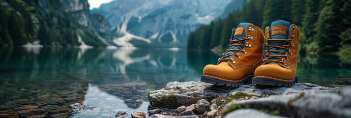 Hiking boots on rocky shore by tranquil mountain lake, invoking adventure and exploration.