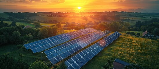 'above view sunset landscape station power solar panels photovoltaic plant energy technology grid renewable resources farm solar anlage panel alternative industry sun sunlight AI generated