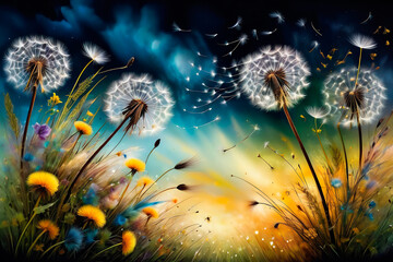 Wall Mural - Under the sunlight and backlight, plants sway in the wind, creating abstract and colorful scenes. Dandelions and their seeds fly in the wind, and tablecloths