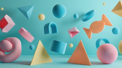 Wall Mural - Sponge textured pastel colored geometric shapes 3d rendering image. Whimsical and airy scene wallpaper art colorful realistic. Fun design. Abstraction concept idea, conceptual photo