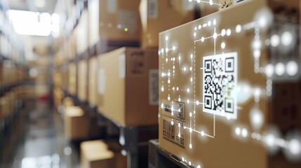 Automatic logistics management. smart packaging into the warehouse workflow, Cardboard box tags and QR codes for efficient tracking, authentication, and traceability throughout the supply chain