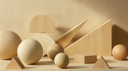 Wall Mural - Abstract arrangement of geometric wooden shapes 3d rendering image. Spheres, pyramids in in soft, neutral tones wallpaper art realistic. Abstraction concept idea, conceptual photo