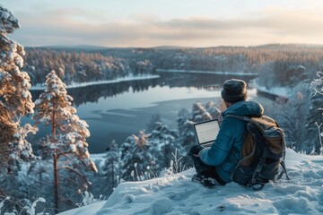 Wall Mural - Person Working on Laptop in Snowy Winter Landscape With Frozen Lake