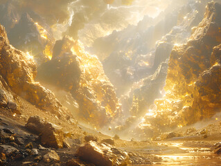 Wall Mural -  A golden pathway leads to a cave entrance, with rays of light shining through the entrance.