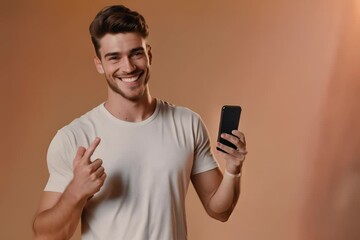 Wall Mural - Man showing smartphone, hand pointing banner, clever thought, quote pointing finger on light brown background, copy space for text, Generative AI Illustration