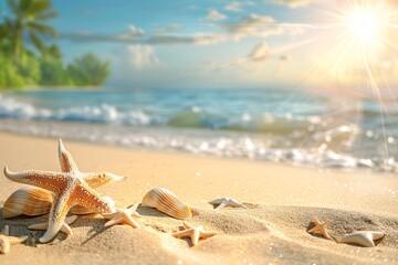 Wall Mural - Sunset on a tropical beach: starfish and seashells resting on the sandy shore as ocean waves roll in