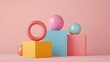 © AImg - Pastel geometric shapes on colorful pedestals 3d rendering image. Spheres, cubes, ring abstract arrangement wallpaper art colorful realistic. Abstraction concept idea, conceptual photo