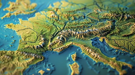 Artistic 3d illustration of topographic map with detailed terrain of Europe