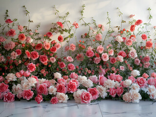 Wall Mural - roses wall with vibrant colors and lush texture, against a marble background.