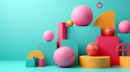 Wall Mural - Abstract arrangement of vivid geometric shapes 3d rendering image. Turquoise pink, yellow hues composition wallpaper art colorful realistic. Abstraction concept idea, conceptual photo