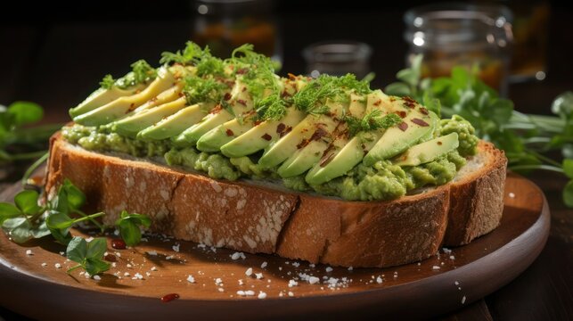 a sumptuous serving of thickly sliced avocado on a freshly toasted thick toast, crunchy and crispy, garnished with herbs and spices 