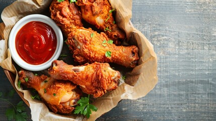 Wall Mural - Crispy Fried Chicken Drumsticks with Delicious Dipping Sauce